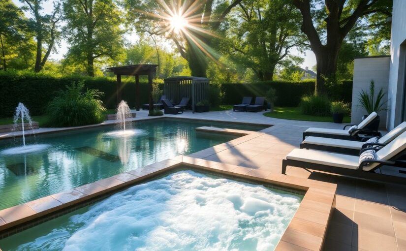 Spa extérieur paisible en Essonne avec verdure et jacuzzi.